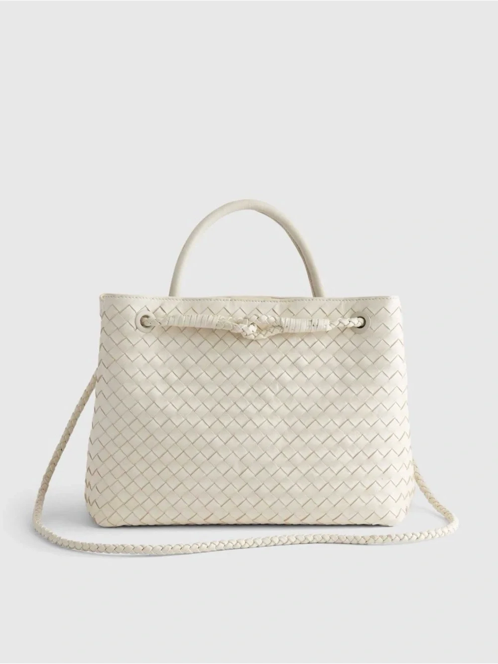 Quince Romy hand Woven Leather Top-Handle Tote in bone